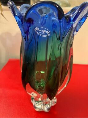 Royal Gallery Tulip Art Glass 10”Vase Blue Green Heavy Made in Poland Vintage